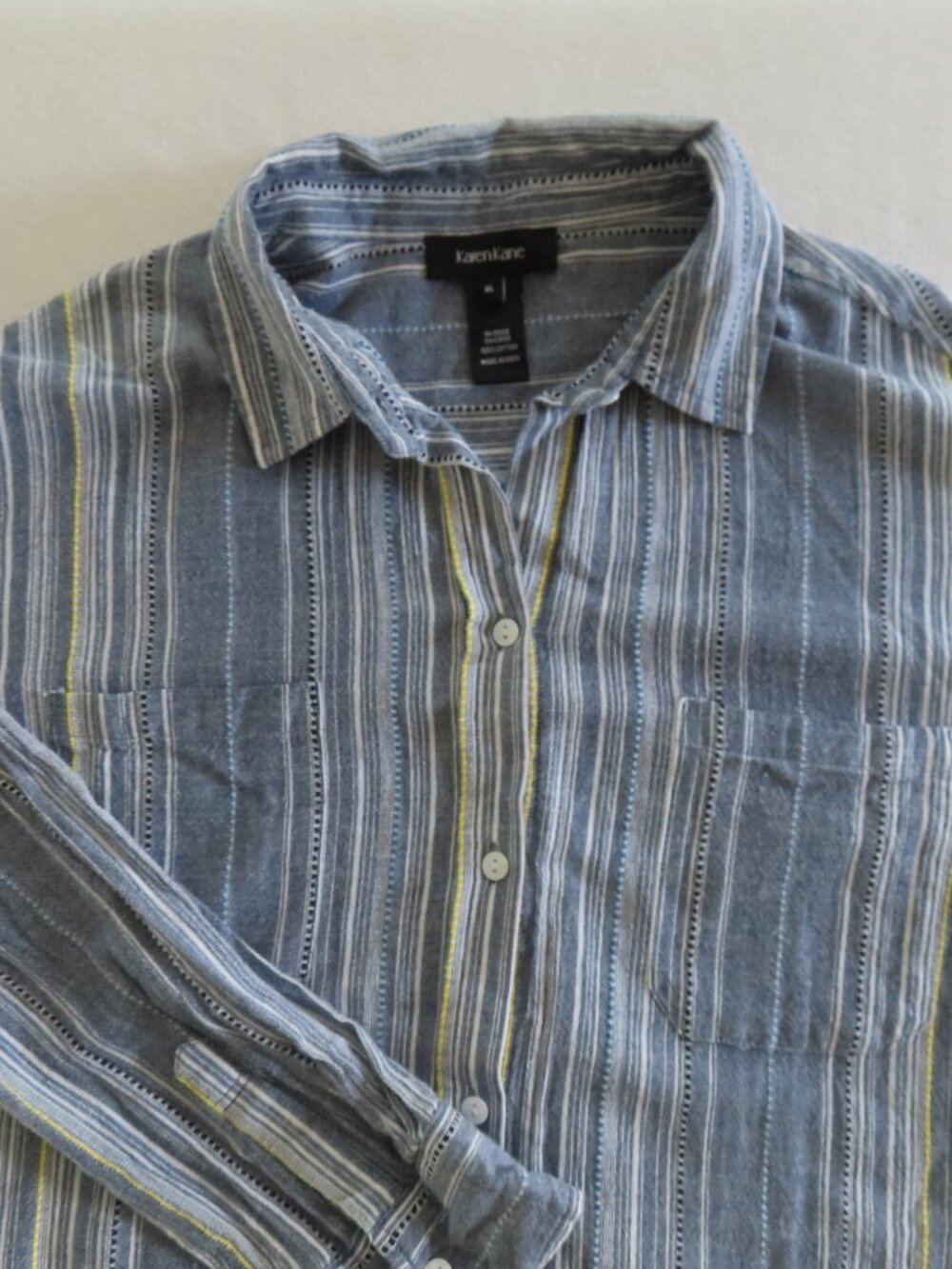Karen Kane Roll tab Sleeve Striped Cotton Shirt XL Beach Coastal Button